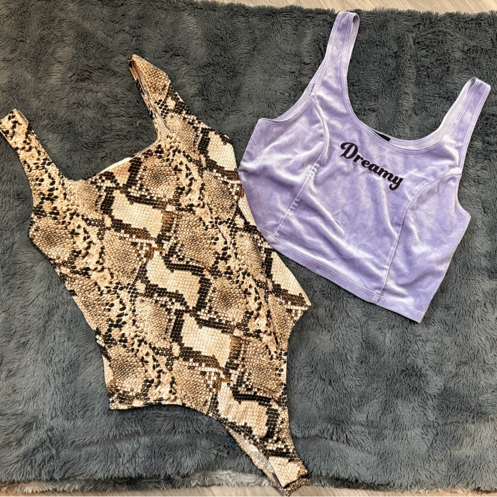 Chic Snake Print Bodysuit and Lavender Crop Top